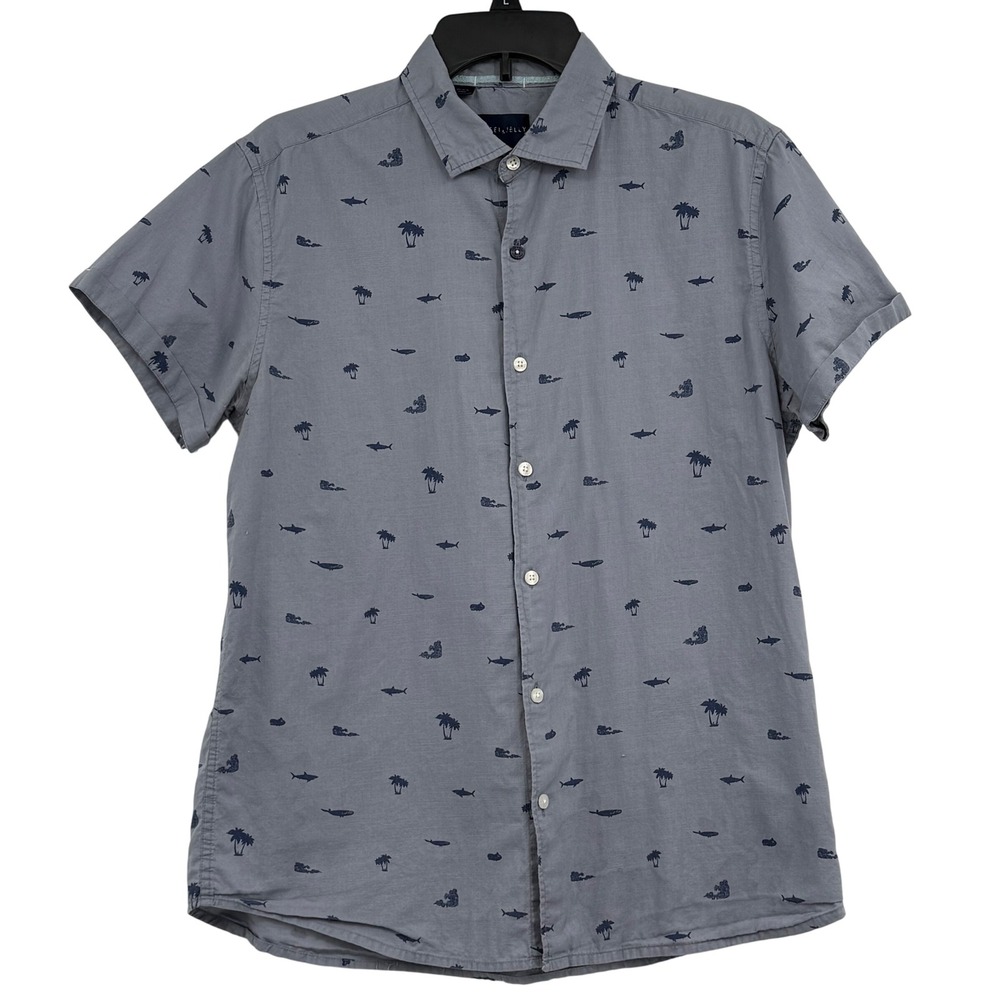 Men's Steel & Jelly Cotton Casual Button Down Tropical Palm/Shark L Resort Beach
